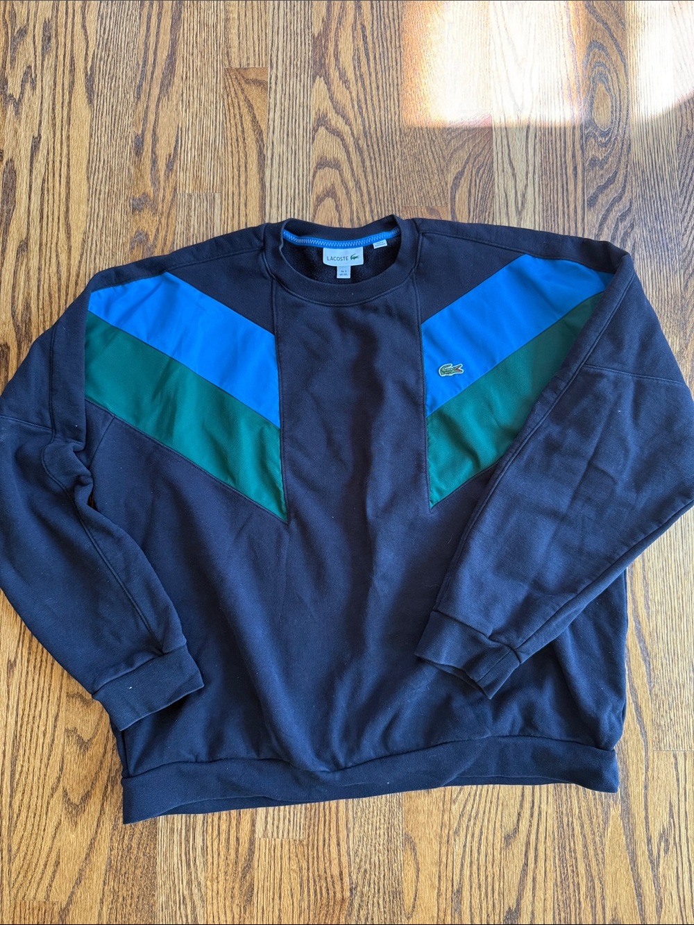 Lacoste Black Crewneck Sweater with Blue and Green Chevron Panels